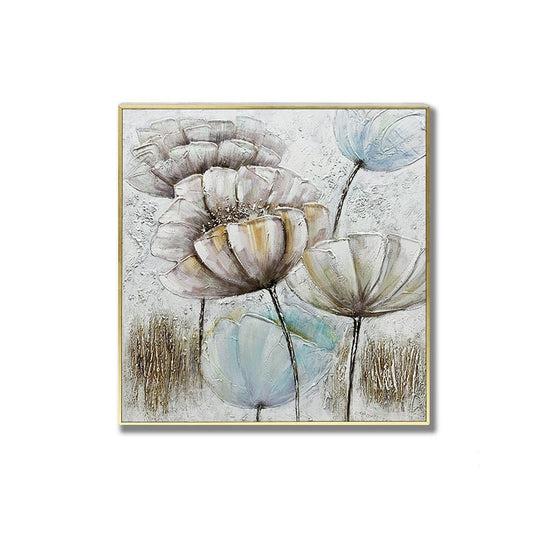 May include: A framed painting of white and blue flowers with a textured background. The flowers are painted in a realistic style with visible brushstrokes.