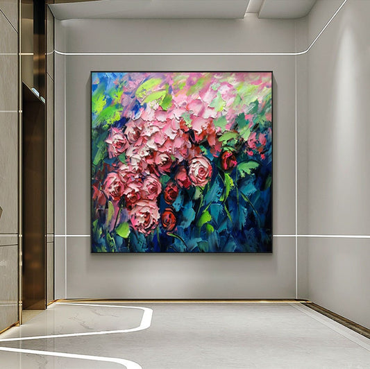 May include: A large abstract painting of pink and red roses with green leaves on a blue background.