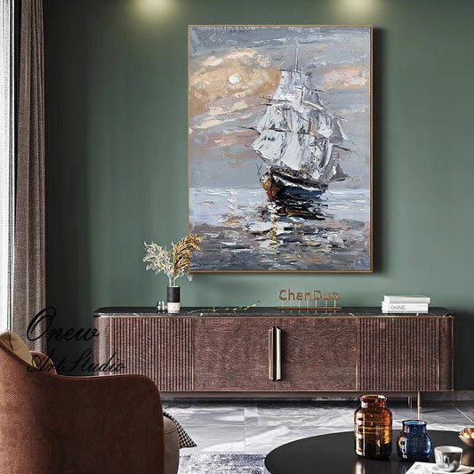 Original Sailboat Oil Painting on Canvas, Large Abstract Seascape Canvas Wall Art, Modern Nautical Wall Art for Living Room, Home Décor