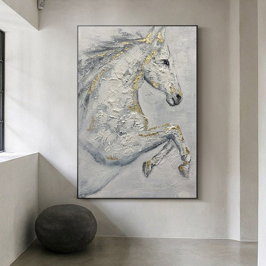 Abstract White Horse Oil Painting on Canvas, Original Hand-painted Horse Canvas Wall Art, Modern Animal Painting for Living Room, Home Décor