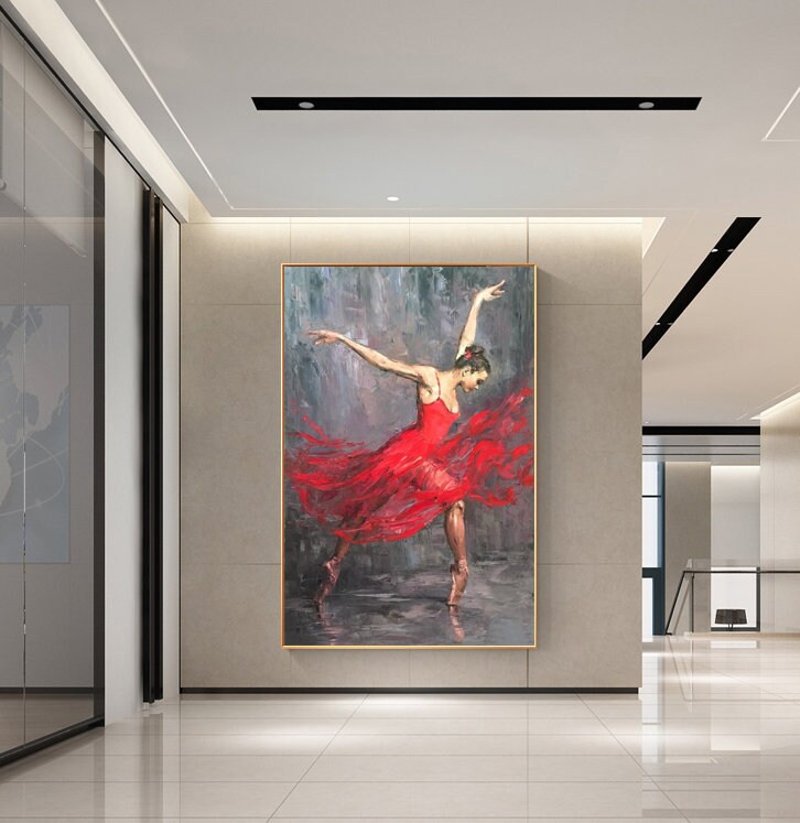 May include: A painting of a ballerina in a red dress, with her arms outstretched and her legs in a graceful pose. The background is a blurred gray and white.