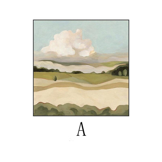 May include: Abstract landscape painting with a large white cloud in a blue sky, green hills, and a beige field.