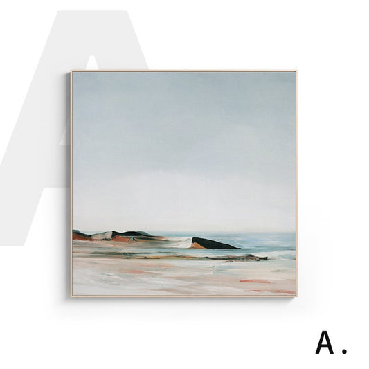May include: A framed abstract painting of a seascape with a light blue sky, a sandy beach, and a dark green and brown rocky shoreline. The painting has a minimalist style and a calming color palette.