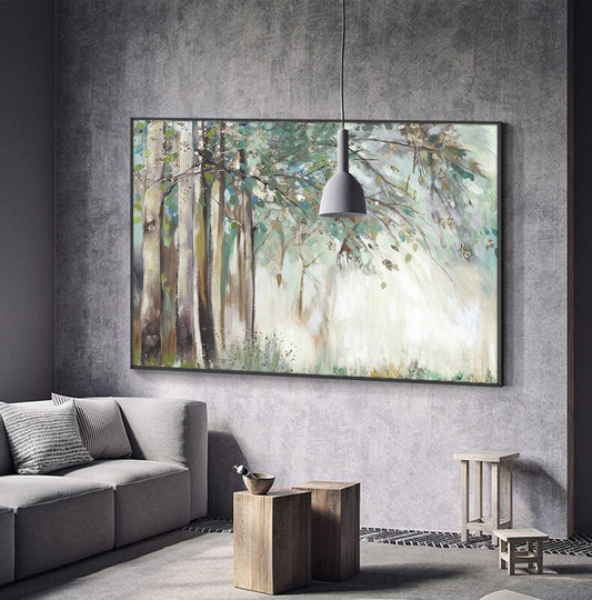 May include: A large abstract painting of a forest scene with tall trees and green foliage. The painting is done in a soft, muted palette of greens, browns, and whites. The trees are painted in a realistic style, with their trunks and branches clearly visible. The foliage is painted in a more abstract style, with soft, flowing lines and shapes. The painting is framed in a simple black frame.