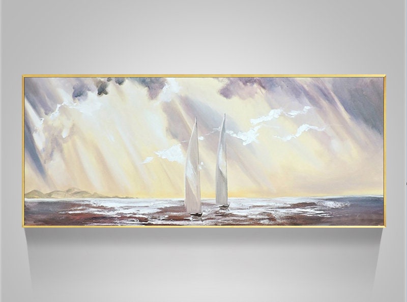 May include: A painting of two white sailboats on a body of water with a yellow and purple cloudy sky. The sun is shining through the clouds, creating a bright light.