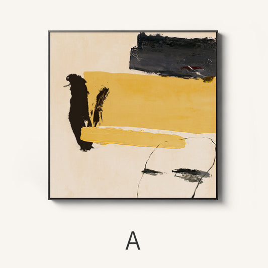 May include: Abstract painting with black, yellow, and white brushstrokes on a beige background. The painting is framed in black.