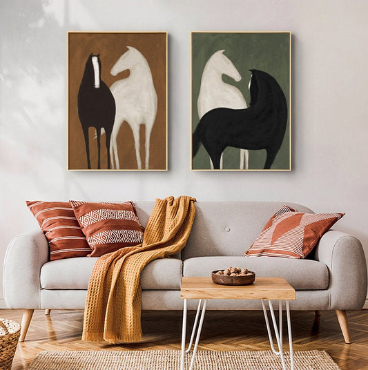 May include: Two sets of abstract paintings of horses. One set features a white horse and a black horse on a brown background. The other set features a white horse and a black horse on a green background.