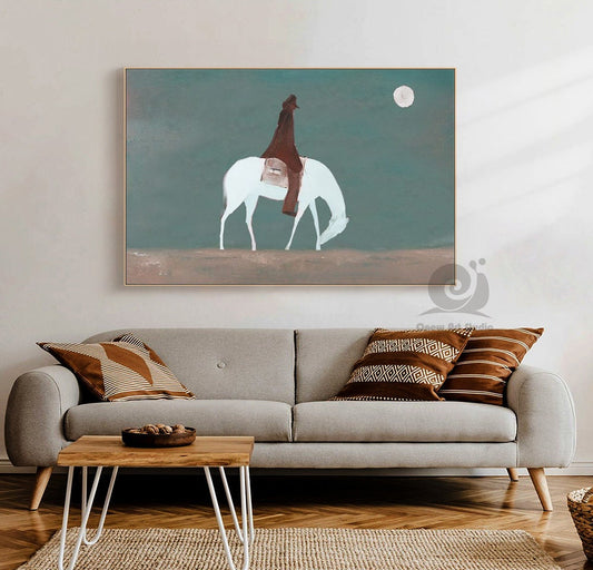 Abstract Horse Riding Oil Painting on Canvas, Original White Horse at Moonlit Night Canvas Wall Art,abstract Cowboy Painting for Living Room