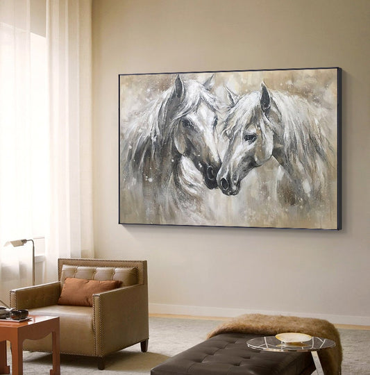 Abstract Horses Canvas Wall Art, Large Original Horses Oil Painting on Canvas, Modern Animal Wall Art for Living Room, Home Décor, Love Gift