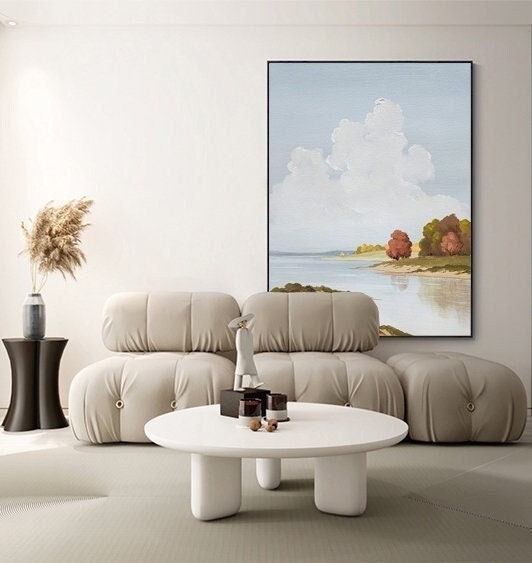 Abstract Landscape Oil Painting on Canvas, Original Mountains and River Canvas Art, Hand-painted Clouds and Trees Painting for Living Room