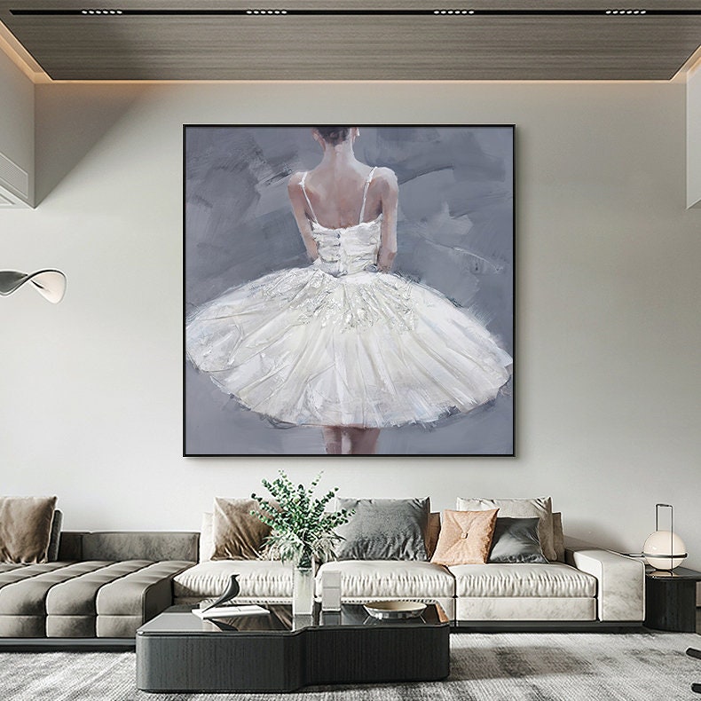 May include: A painting of a ballerina wearing a white tutu, standing with her back to the viewer. The background is a soft gray.
