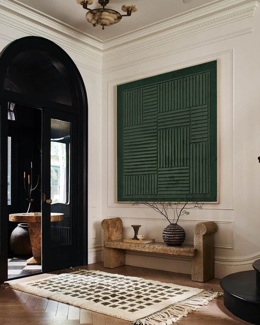 Dark Green Geometric Wall Art Textured Line Canvas Painting for Living Room