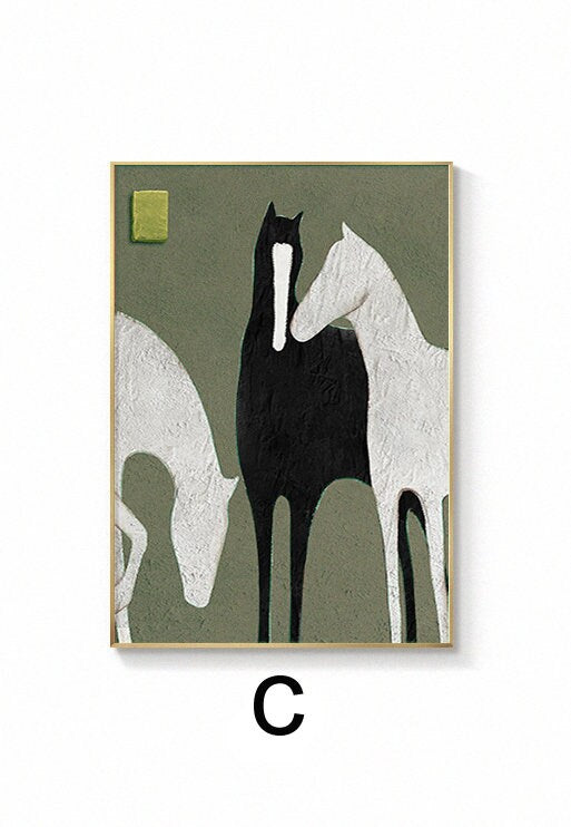 May include: Abstract painting of three horses in black, white, and green on a green background. The horses are stylized and simplified, with a focus on their shapes and forms.