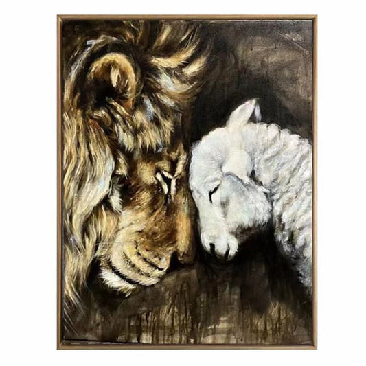 May include: A painting of a lion and a lamb resting their heads together. The lion is brown and has a long mane. The lamb is white and has a fluffy coat. The background is dark brown.