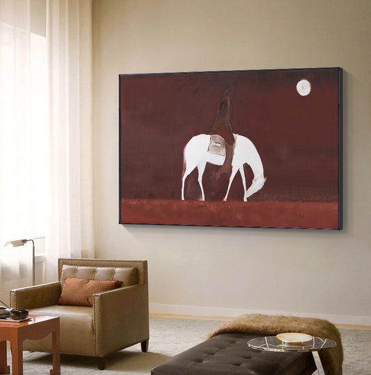 Abstract Horse Riding Oil Painting on Canvas, Original White Horse at Moonlit Night Canvas Wall Art, Modern Cowboy Wall Art for Living Room