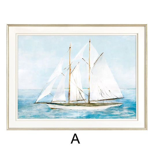 May include: A framed watercolor painting of a sailboat with white sails on a blue ocean. The painting is in a light wood frame with a white mat.