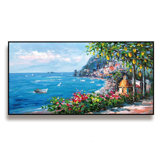 Impressionist Mediterranean-sea Canvas Wall Art, Original Coastal Cityscape Oil Painting on canvas, Modern Seascape Painting for Living Room