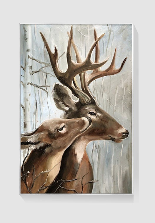 Large Classical Deer Oil Painting on Canvas, Original Stag and Doe Canvas Wall Art, Modern Hand-painted Animal Painting for Living Room