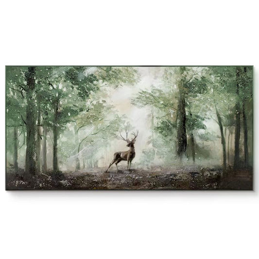 Impressionist Landscape Oil Painting on Canvas, Large Original Forest and Deer Canvas Wall Art,modern Tree and Stag Painting for Living Room