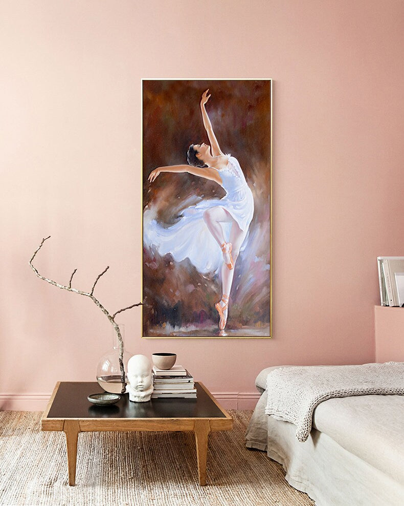 May include: A painting of a ballerina in a white tutu, dancing on a stage with a brown background.
