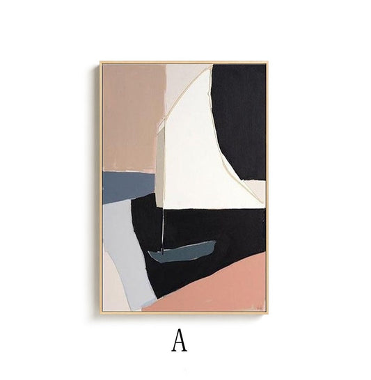 May include: Abstract art print featuring a sailboat with a white sail, a black hull, and a pink, blue, and beige background. The print is framed in a light wood frame.