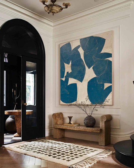 Blue Beige Organic Shape Wall Art Abstract Botanical Canvas Painting for Living Room Decor