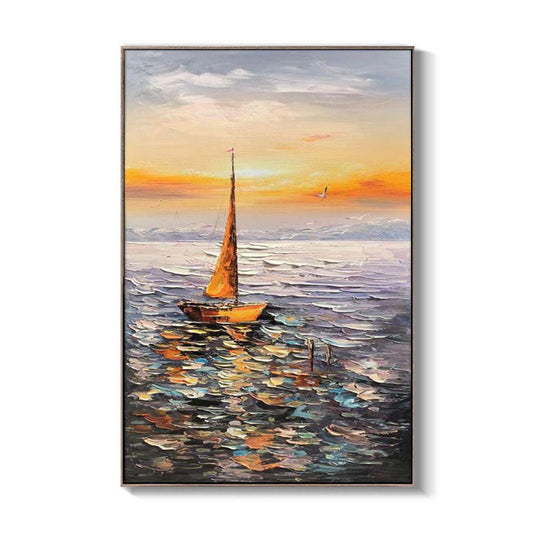Abstract Seascape Oil Painting on Canvas, Original Sailboat and Sunrise Canvas Wall Art, Ocean Art, Modern Nautical Wall Art for Living Room