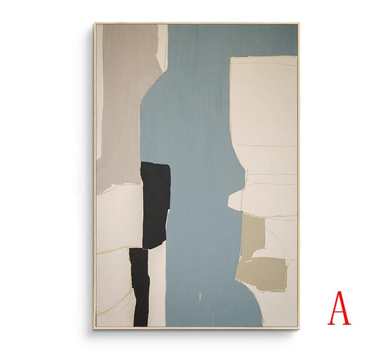 May include: Abstract art print with geometric shapes in shades of beige, black, white, and blue. The print is framed in a light wood frame.