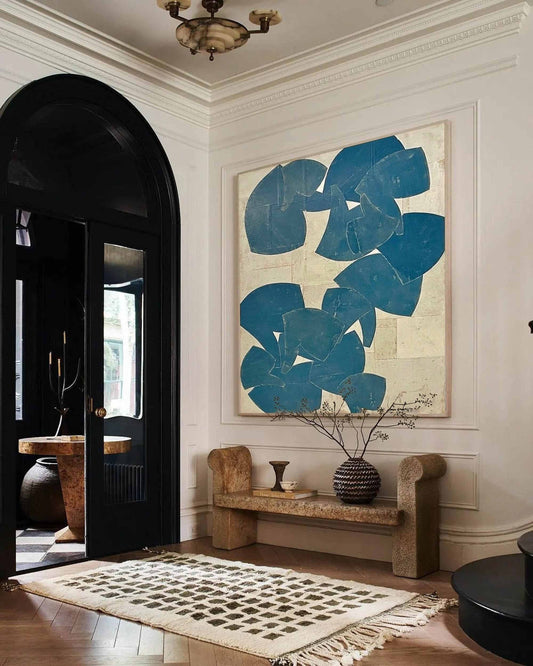 Blue Beige Cutout Shape Wall Art Abstract Textured Canvas Painting for Modern Bedroom Decor