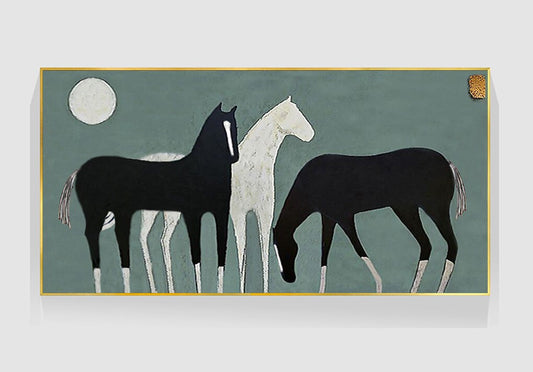 Abstract Black and White Horses Oil Painting on Canvas, Large Original Horse Canvas Wall Art, Modern Animal Painting for Living Room Bedroom