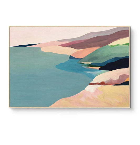 May include: Abstract painting of a coastal landscape with a blue ocean and colorful hills in shades of pink, green, yellow, and brown.