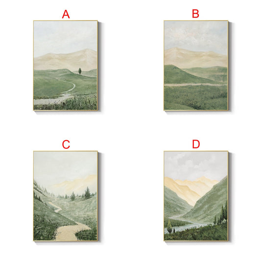 May include: Four framed landscape paintings with a green and brown color scheme. Each painting depicts a different scene of rolling hills, a winding path, and a single tree. The paintings are all framed in a gold frame.