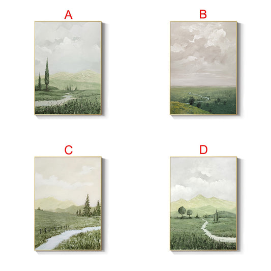 May include: Four abstract landscape paintings with a green and white color scheme. Each painting features a winding path through a field with trees and hills in the background. The paintings are framed in gold.