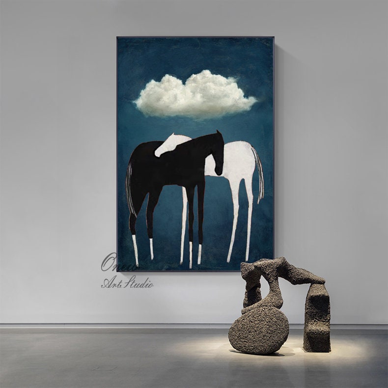 May include: Abstract painting of two horses, one black and one white, standing side by side under a white cloud against a dark blue background.