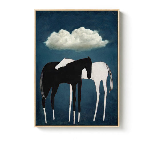 May include: A painting of two horses, one black and one white, standing side by side against a dark blue background with a white cloud above them.