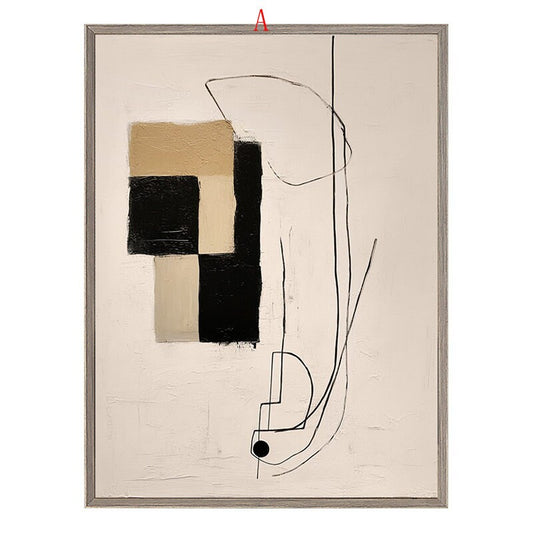 May include: Abstract art print with black, white, and beige geometric shapes and lines on a white background. The print is framed in a light gray frame.