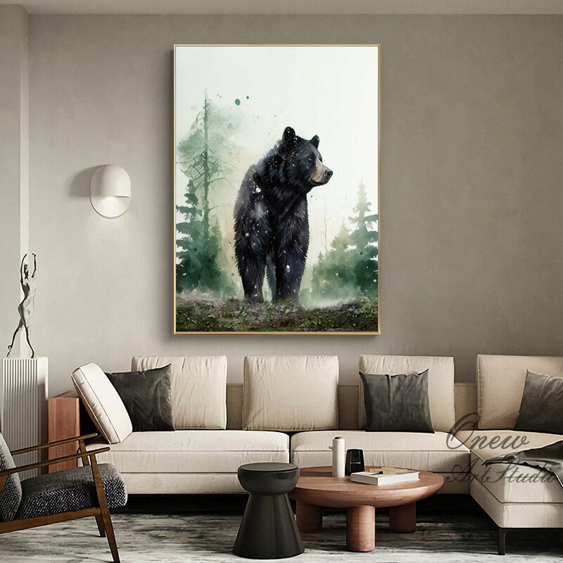 May include: A watercolor painting of a black bear standing in a forest. The bear is facing to the right and the background is a green and white watercolor wash.
