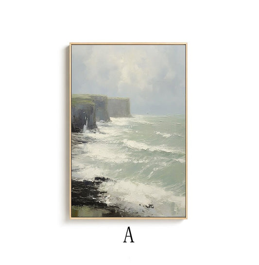 May include: A painting of a seascape with a rocky cliff face and crashing waves. The sky is cloudy and the water is a light blue-green color.