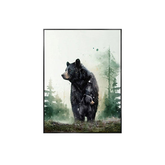 May include: A watercolor painting of a black bear and a cub standing in a forest. The bears are surrounded by green trees and a misty background.