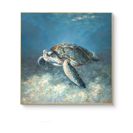 Hand Painted Sea Turtle Oil Painting on Canvas, Large Impressionist Marine Turtle Canvas Wall Art, Original Animal Wall Art for Living Room