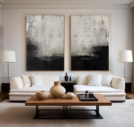 Set of 2 Black and Beige Abstract Paintings – Minimalist Wall Art