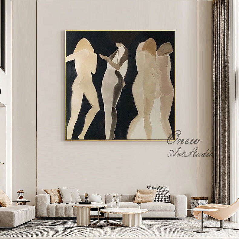 May include: Abstract painting of four figures in shades of brown and beige on a black background. The figures are stylized and appear to be dancing or interacting with each other.
