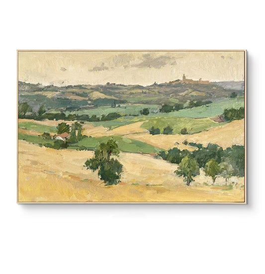 May include: Oil painting of a rural landscape with rolling hills, fields, and trees. The artwork features a palette of greens, yellows, and browns, with a distant town under a cloudy sky. The painting is framed in a gold-colored rectangular frame.