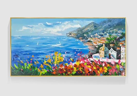 Impressionist Mediterranean-sea Oil Painting on Canvas, Large Original Coastal Cityscape Painting, Modern Seascape Wall Art for Living Room