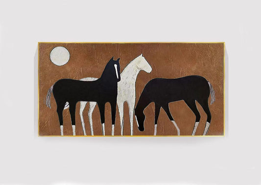 Abstract Black and White Horses Oil Painting on Canvas, Large Original Horse Canvas Wall Art, Modern Animal Painting for Living Room Bedroom