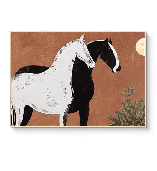 Abstract Black and White Horses Oil Painting on Canvas, Large Original Horse Canvas Wall Art, Modern Animal Painting for Living Room Bedroom