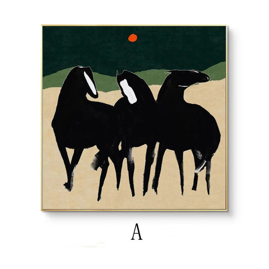 May include: Abstract painting of three black horses with white markings against a green and beige background. A red circle is in the upper center of the painting.