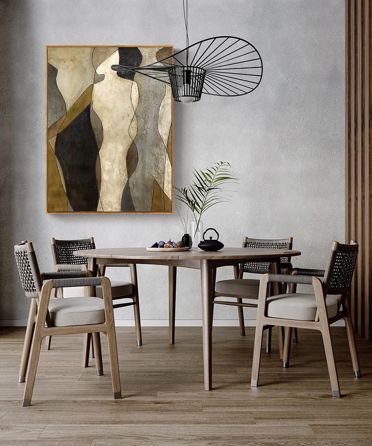 May include: A dining room with a wooden table and chairs. The table is oval shaped and has a light wood finish. The chairs are made of woven wicker and have a natural wood finish. A large abstract painting hangs on the wall behind the table. The painting features three figures in shades of brown, gray, and white.