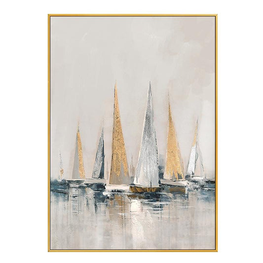 May include: Abstract painting of sailboats in shades of white, gray, and gold on a light gray background. The sailboats are arranged in a row, with the largest sailboat in the center. The painting has a minimalist style and evokes a sense of calm and serenity.