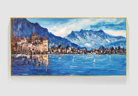 May include: A painting of a town on a lake with mountains in the background. The town is painted in shades of brown and the lake is a deep blue. The mountains are painted in shades of blue and white. There are sailboats on the lake.